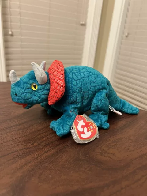 Ty Beanie Baby “Hornsly” Stuffed 8.5” Plush Triceratops Dino Tag Protector 2000