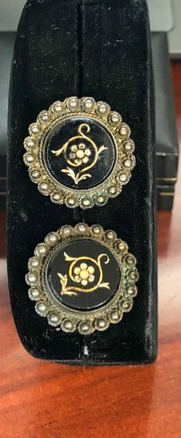Antique Sterling Silver Victorian Etched Black Glass Button Crew Back Earrings