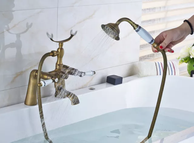 Antique Brass Claw-foot Bathtub Faucet Floor Mounted Tub Filler Handheld Shower