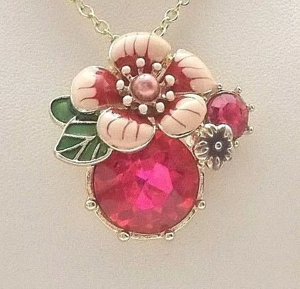 Betsey Johnson Dainty Rose Pink Crystal &  Enamel Mini Flower Pendant Necklace