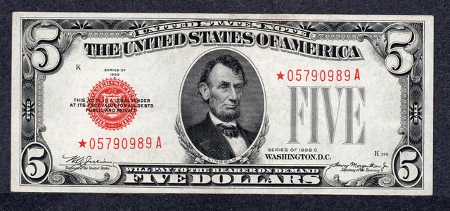SCARCE 1928C $5 STAR Red Seal United States Note BRIGHT & CRISP, Choice CU!!