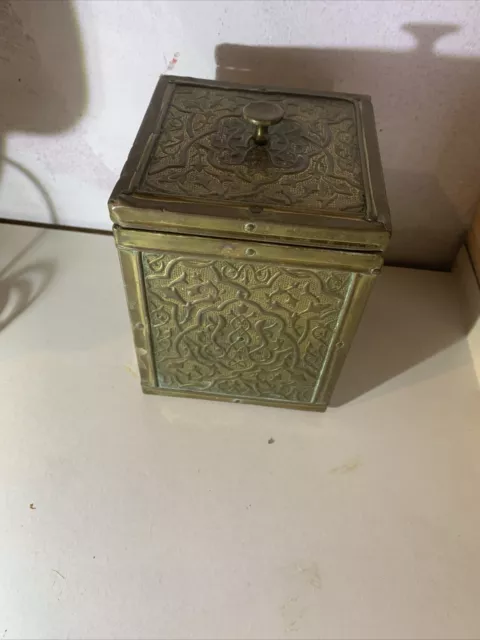 Antique Brass Embossed On Wood Tea Caddy