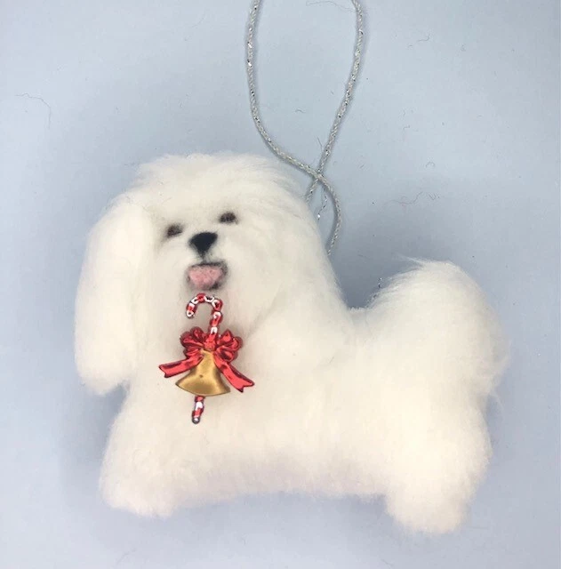 MALTESE TERRIER  with  CANDY CANE / BELL decoration - PART NEEDLE FELTED DOG