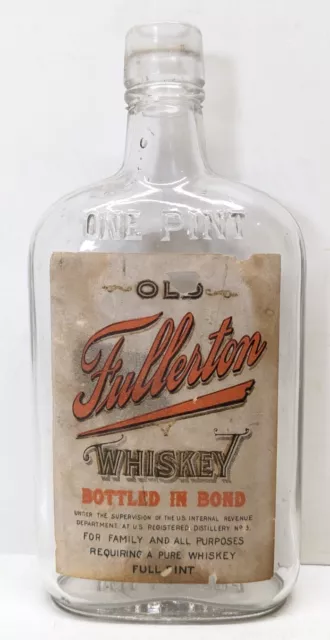 Vintage Prohibition Medicinal Empty Full Pint Bottle - Old Fullerton Whiskey