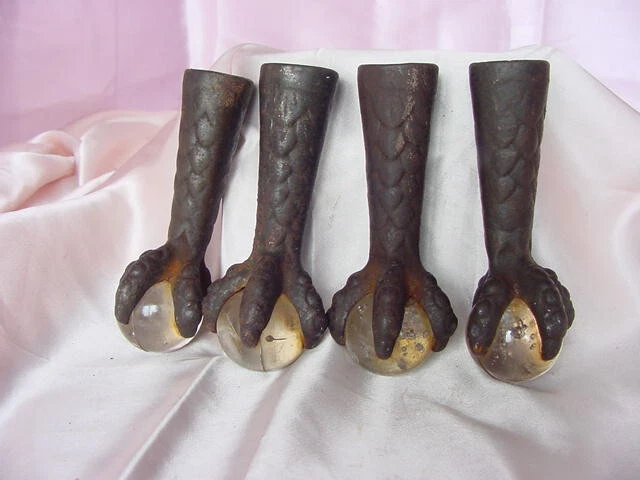 Antique Set Of 4 Glass Ball & Metal Claw Foot Vintage Furniture Feet
