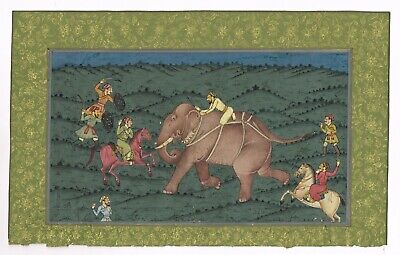 Moghol Empereur Sur Éléphant Chasse Scène Ancien Art Papier Indien Peinture
