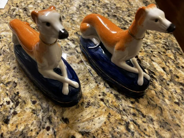 Vintage Antique Staffordshire Whippet Greyhound Dog Figurine Cobalt Blue Base