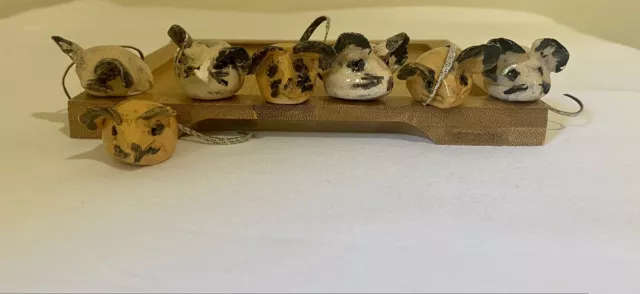Set of Seven Cute Tiny Handmade Pottery Mice on a Tray