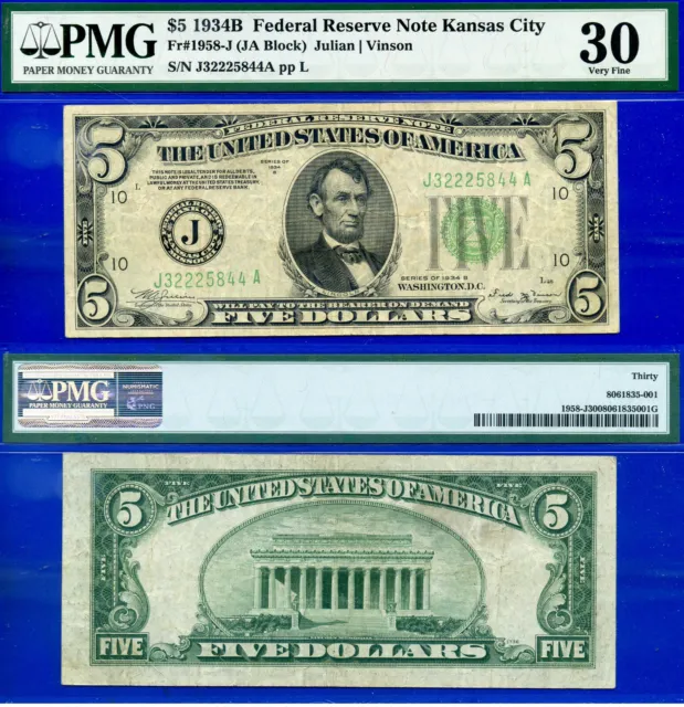 1934B $5 Federal Reserve Note PMG 30 rare one of two Kansas City examples known