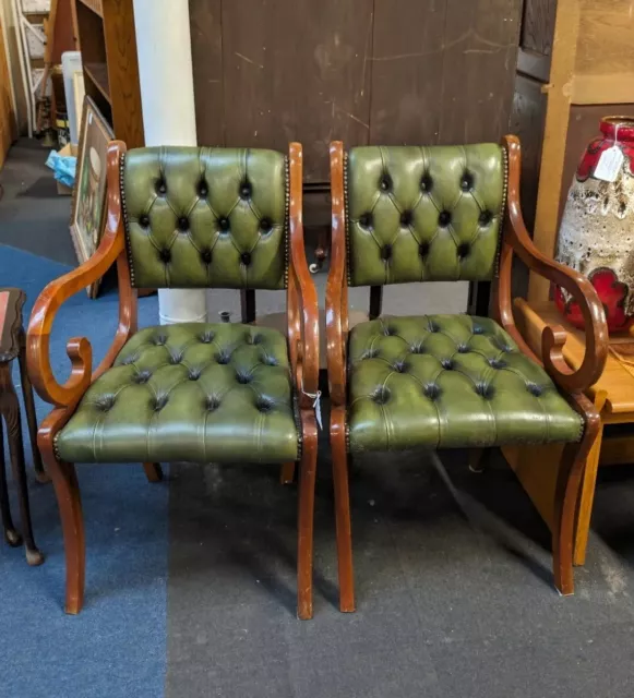 Chesterfield Green Leather Pair Carver Desk or Hall Chairs