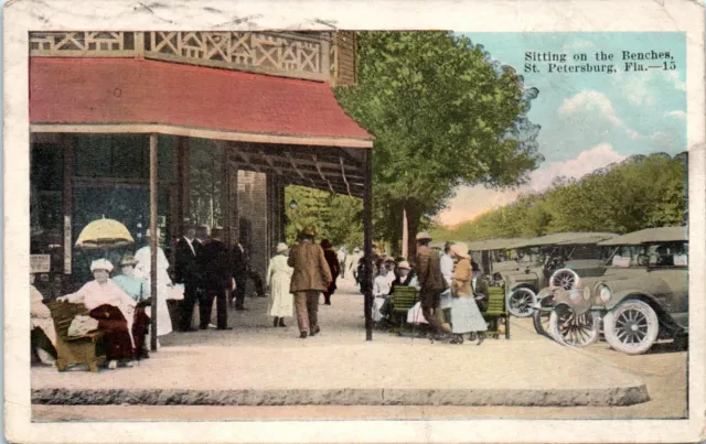 Florida Postcard Sitting on the Benches St. Petersburg FL 1920s Early Green