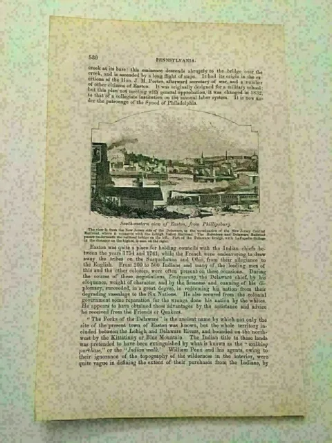 KP25) View of Easton at Lehigh Valley Railroad Pennsylvania 1861 Engraving