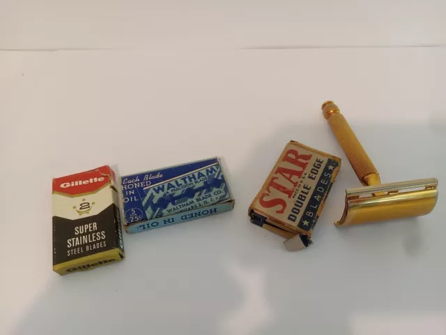 Vintage Gillette Tech Gold Tone Ball End Safety Razor Double Edge