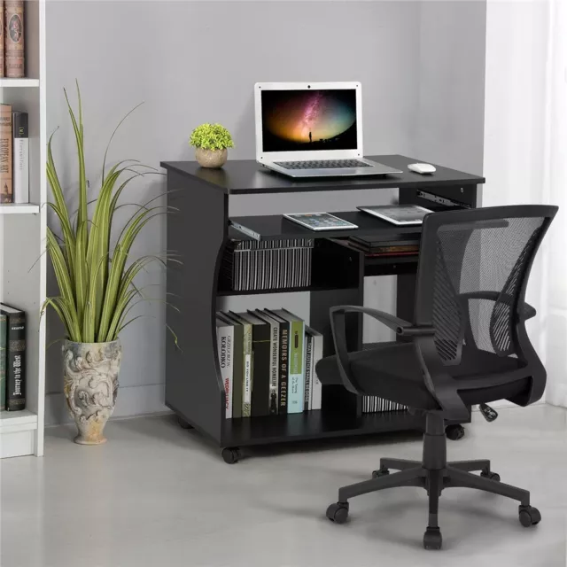 Mesa de Ordenador con Ruedas Escritorio PC para Oficina Despacho Negro Moderno