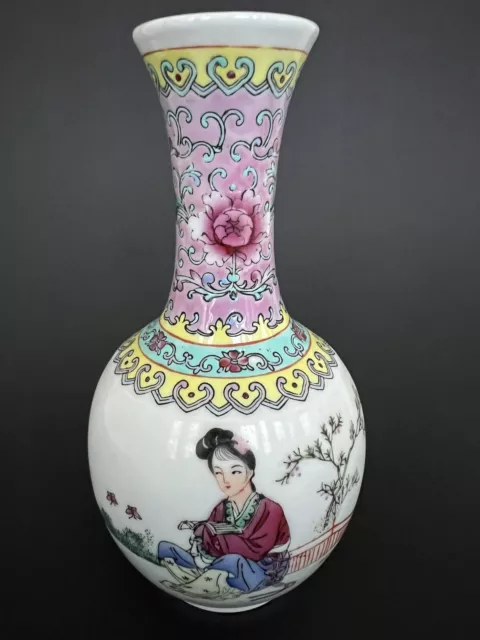 Antique Chinese Geisha Figure Calligraphy Famille Bud Vase Hallmarked 6.75" GOOD 2