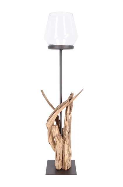 Candelabro Portavelas de Hierro Y Madera Estilo Nature Con Contenedor Vidrio
