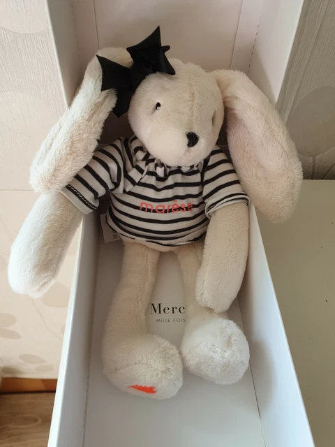 Doudou Peluche Lapin Rayé Bleu Blanc nœud cœur orange Marése