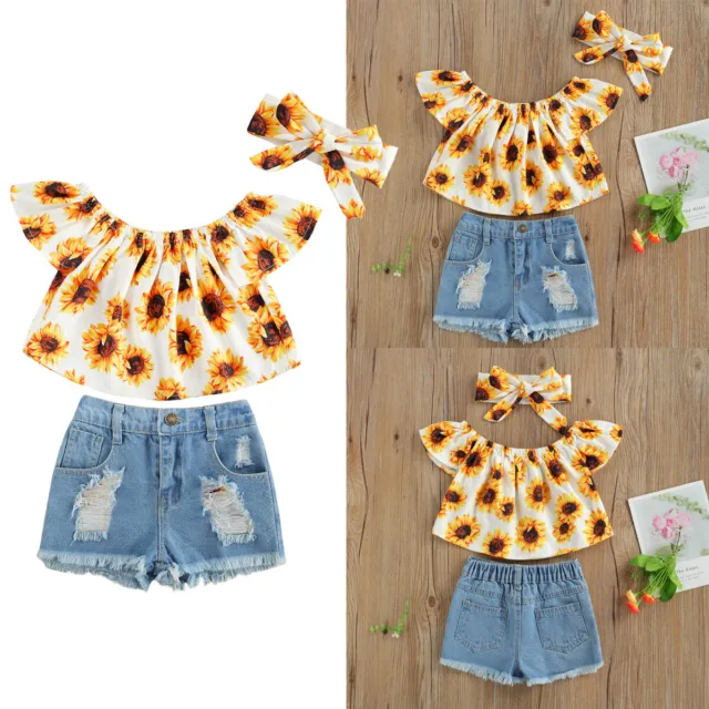 Toddler Kids Baby Girl Summer Clothes Sunflower Tops+Ripped Denim Shorts Outfits
