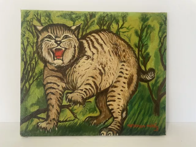 Vintage Original Oil Painting of Wild Cat Unframed Signed