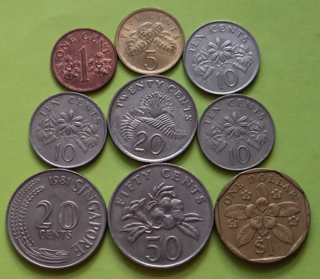 Lot Münzen Singapur, 1, 5, 10, 20,50 Cent, 1 Dollar, 9 alte Münzen