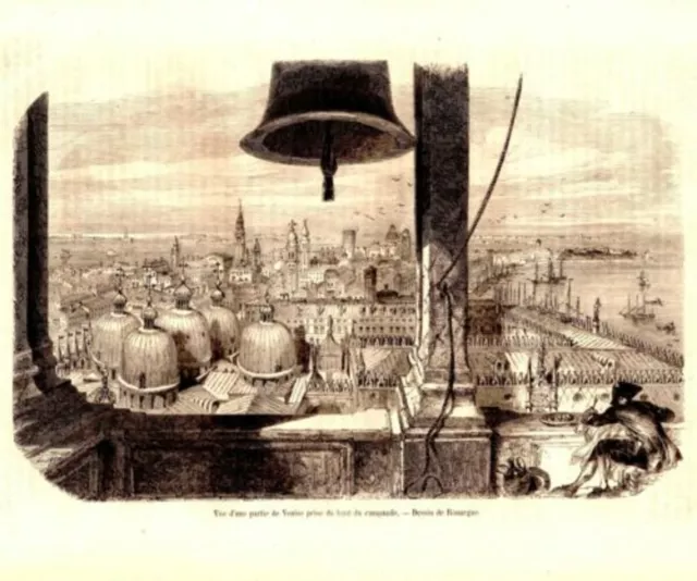 19th WOODCUT VIEW OF A PART OF VENISE TAKEN TOP OF THE BELL TOWER ITALY