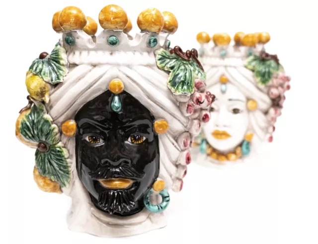 Coppia teste di moro re e regina con uva in ceramica di Caltagirone 30 cm