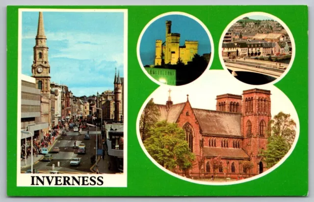 Inverness Birds Eye View Old Cars Clock Tower Bridge United Kingdom VNG Postcard