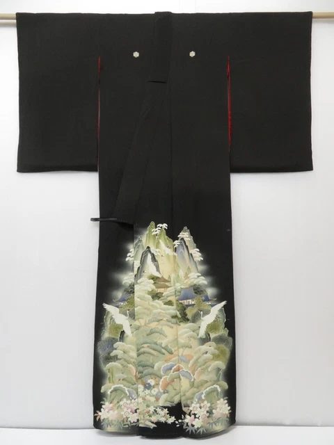 1702T04z800 Antique Japanese Kimono Silk TOMESODE Scenery Black 9