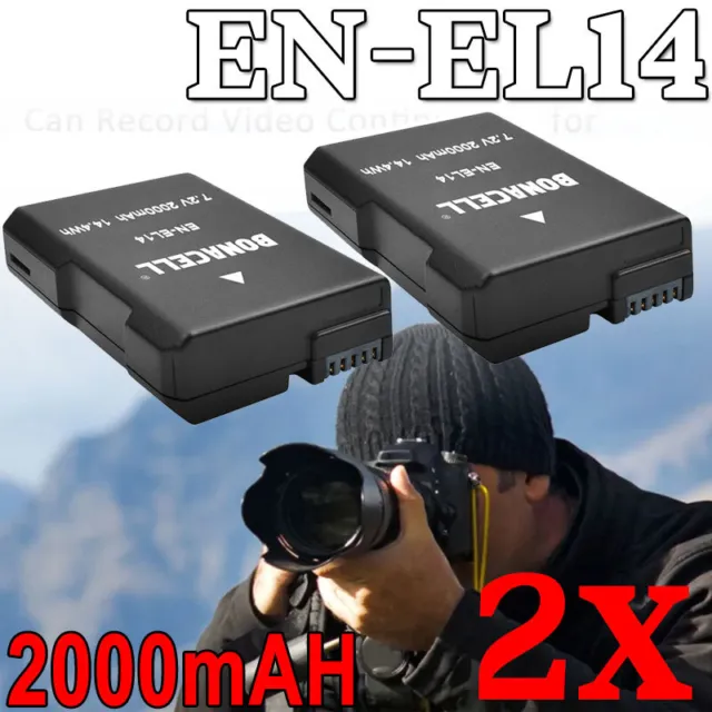 2x EN-EL14 2000mAh Akku für Nikon D3100 D3200 D3300 D5100 D5200 D5500 Batterie