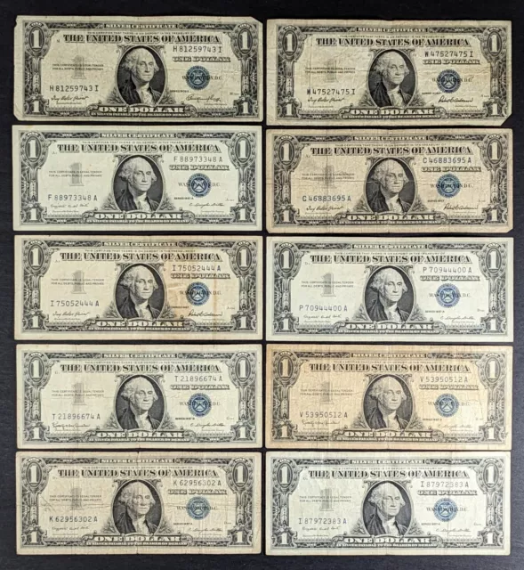 1935 and 1957 US Silver Certificate One Dollar Notes Lot of 10