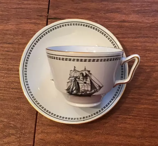 Spode TRADEWINDS Black with gold rim Footed Cup and Saucer