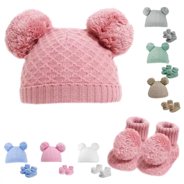 Bébé Garçons Filles Pom Chapeau avec Bottines Ensemble & Chaud Hiver