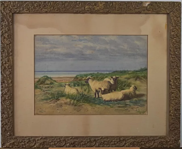 Sheep Grazing on the Coastline Antique Watercolour Monogram EC/EE/WE 1890 2