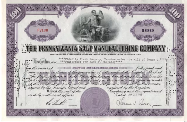 Pennsylvania Salt Manufacturing Co. - Original Stock Certificate -1945 - P218