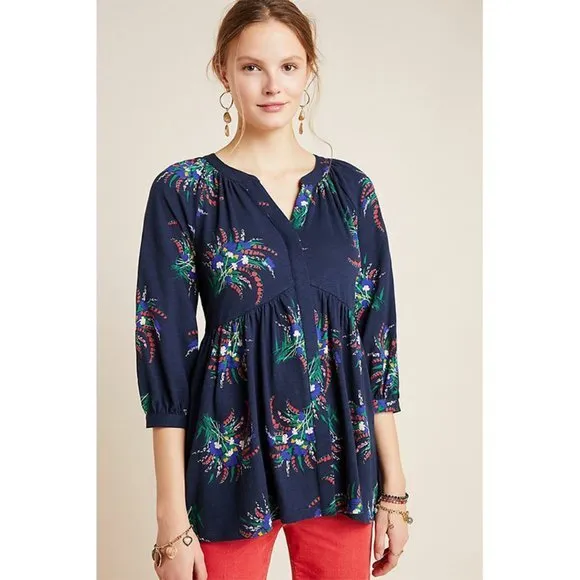 Anthropologie Maeve Winona Babydoll Tunic Blouse Floral Print Navy Blue Small
