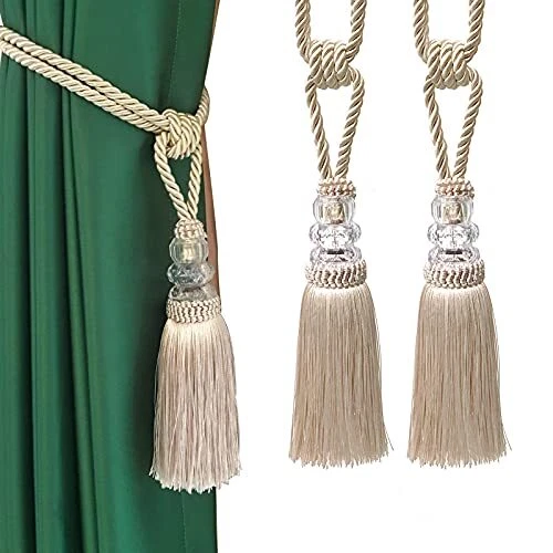 Tassel Curtain Tiebacks Handmade Curtain Tie Backs, Elegant Crystal 2P Beige