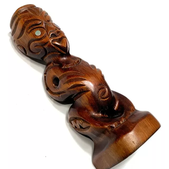 Maori NZ - Carved Wood TIKI TOTEM Figure 20cmH -  with Paua Inlay Eyes EUC