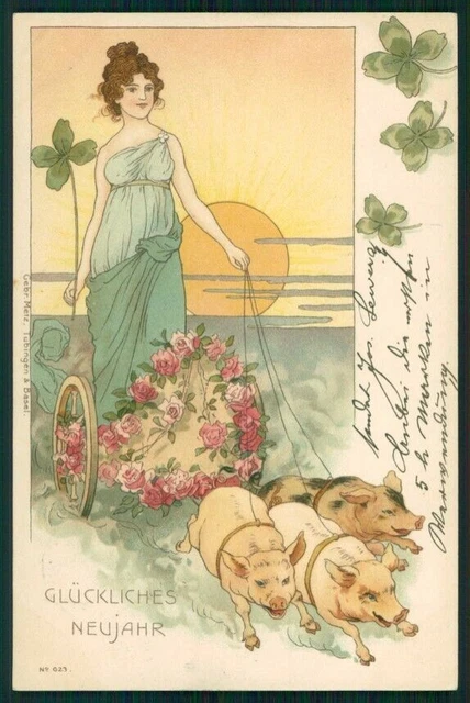 Artist Signed Art Nouveau Lady Pig Four Leaf Clover Happy New Year pc TC5169