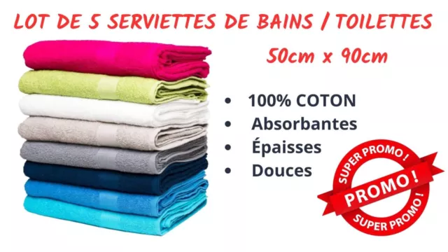 Lot de 5 Serviettes de toilette - 50x90cm - 100% Coton