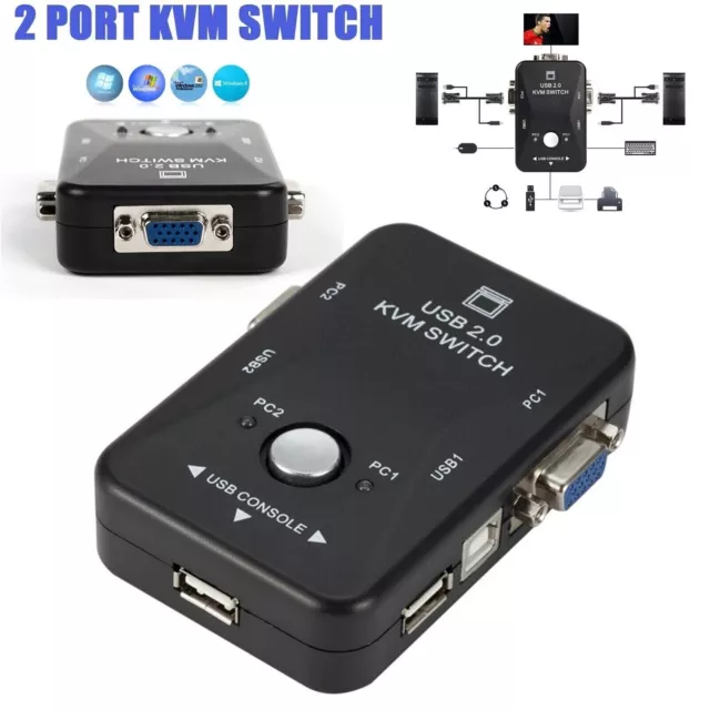 2 Port KVM Switch VGA/SVGA USB KVM Monitor Switcher For Mouse keyboard Sharing