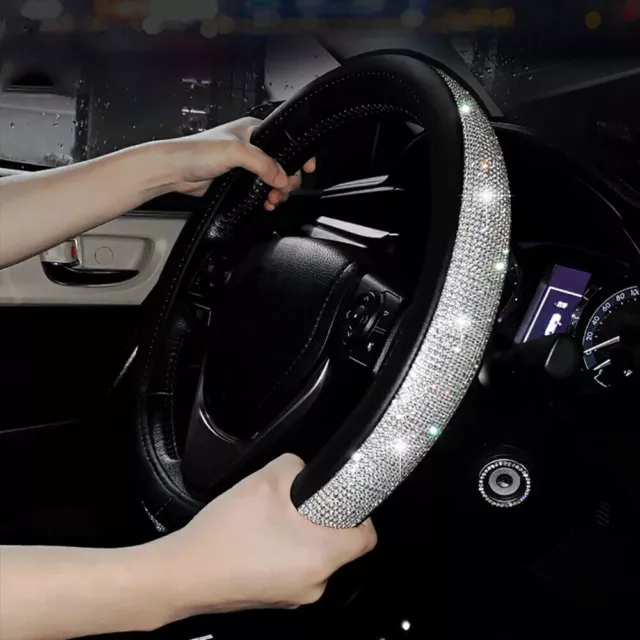 Universal Crystal Steering Wheel Cover PU Leather Bling Bling Rhinestones 38 CM