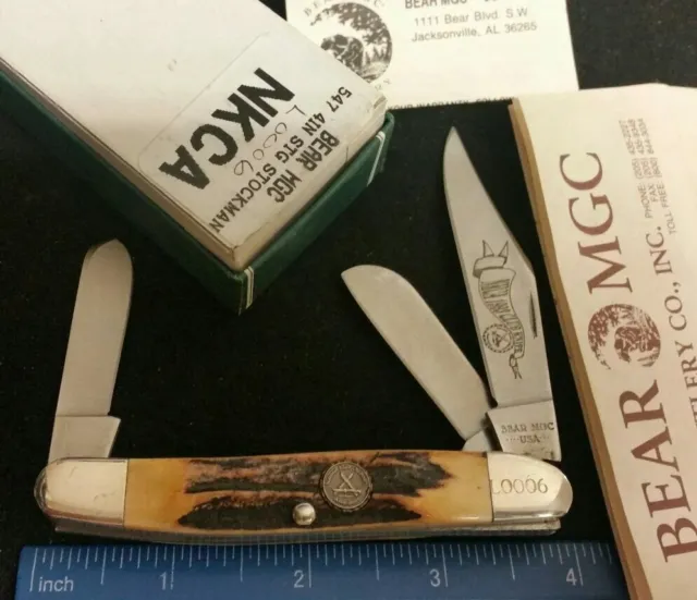 Bear MGC USA 547 1993 NKCA Stockman knife, Burnt Stag Handles  ^