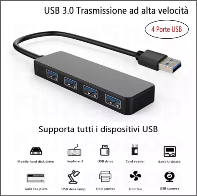 Hub Usb Splitter 3.0 Sdoppiatore 4 Porte Per Pc Laptop Notebook Multiporta Fast