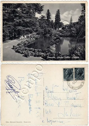 Cartolina di Benevento, giardini pubblici (laghetto) - 1955