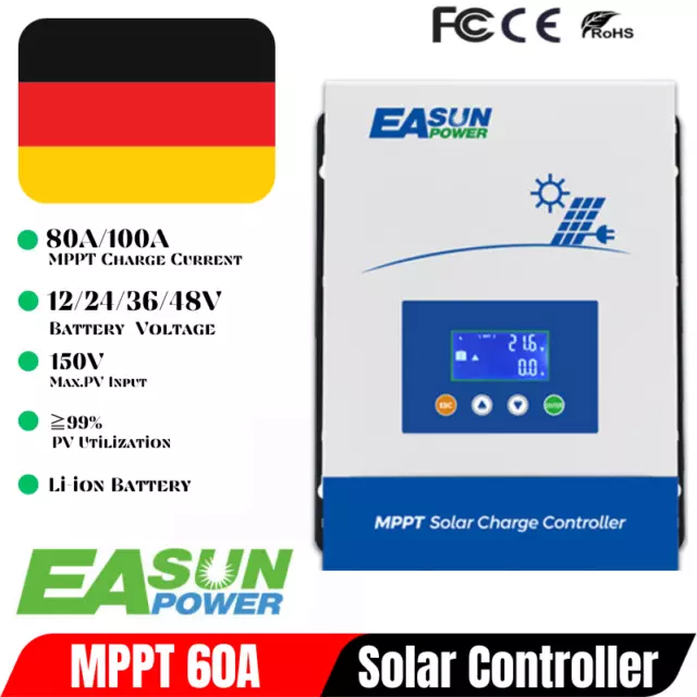 Easun 80/100A MPPT Solarladeregler 12V 24V 36V 48V 150VDC LCD Controller RS485