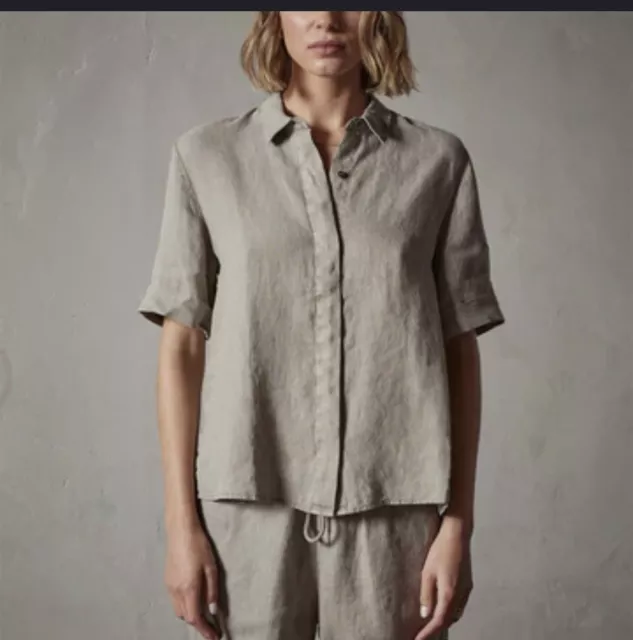 James Perse Women’s Top Silt Pigment Green Button Up Linen Shirt Size L 2