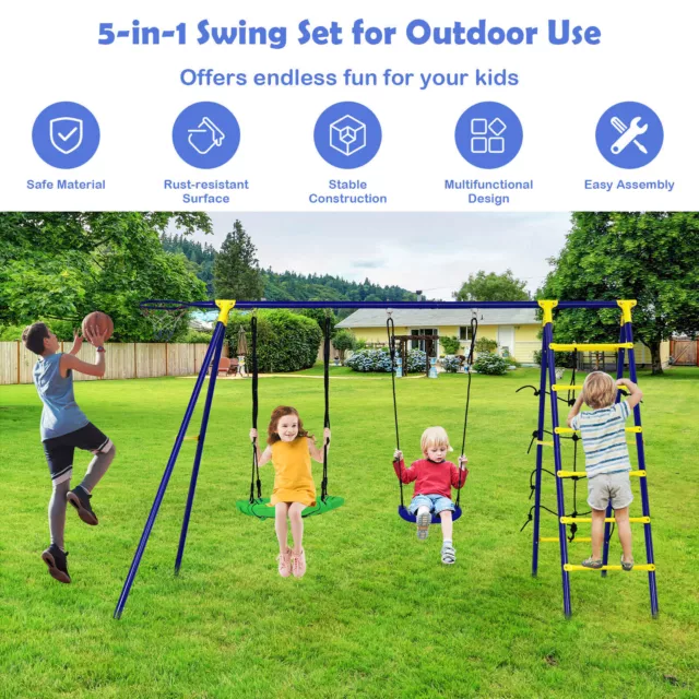 All-in-1 Kids Swing Set Outdoor Backyard Playground Heavy-Duty Metal Swing Frame 2