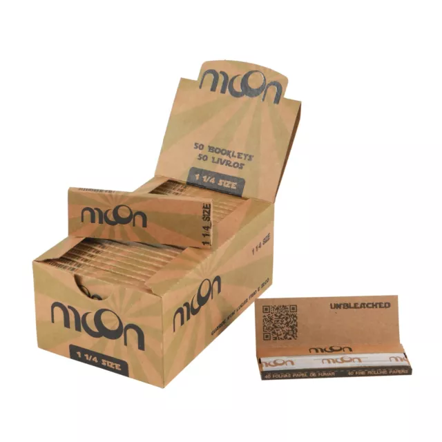 MOON 50 Booklets Unbleached Rolling Papers 1 1/4 Size 77mm Cigarette 2000 Leaves