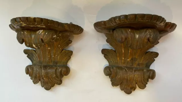 Antique Terracotta Corbels 2 Italian Gilded Acanthus Leaf Wall Bracket Shelf VTG