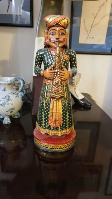 Beautifull Hand Carved Wooden Polychrome Indian Gangaur Musician. 1 Foot Tall